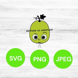 May include: A cartoon illustration of a green pear-shaped character with large eyes and a small smile. The text "HEATHER CO CREATIONS" is above the character. Below are three green circles with the text "SVG", "PNG", and "JPEG".
