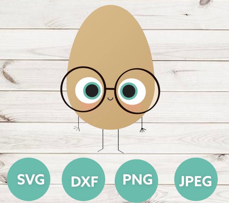 May include: A cartoon illustration of a brown egg with a pair of round black glasses, blue eyes, and a small smile. The egg has two short legs and two small arms. The egg is on a white wooden background.