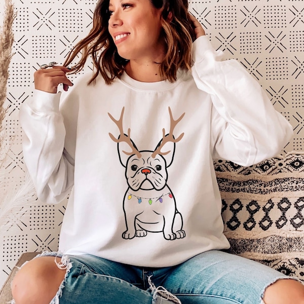 Franse Bulldog Kerstmis Unisex Sweatshirt, Frenchie Lover Pullover, Franse Bulldog Jumper, Frenchie Dog Comfy Sweatshirt