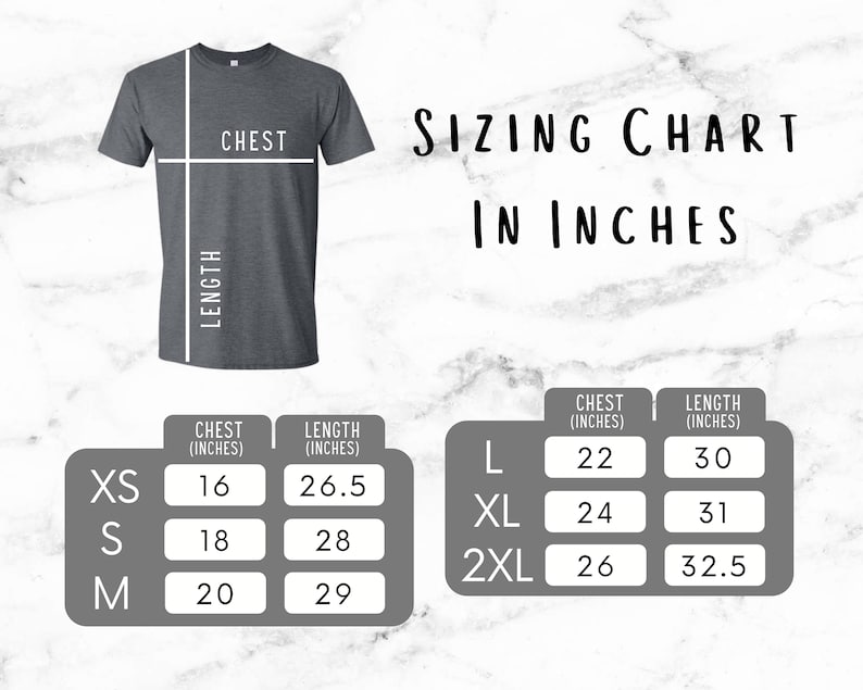 May include: Sizing chart for t-shirts in inches. The chart shows chest and length measurements for sizes XS, S, M, L, XL, and 2XL.