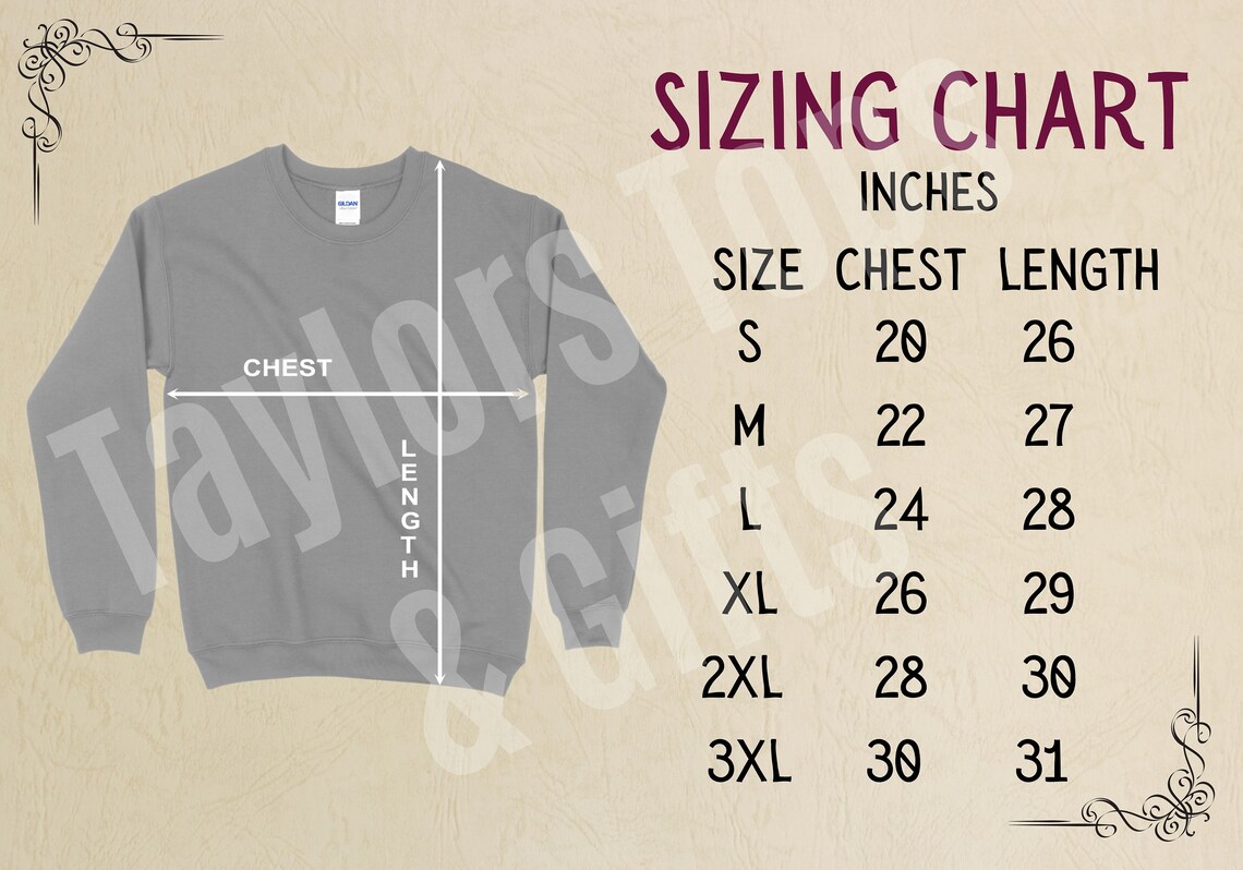 Gildan 18000 Unisex Sweatshirt Sizing Chart Instant Download Etsy