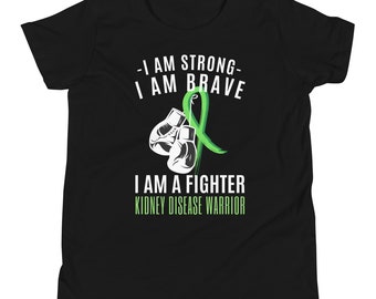 Kidney Disease Warrior Youth Shirt, Childs Kidney Disease Fighter Shirt, Kidney Disease Awareness, I Am Strong I Am Brave, Green Ribbon