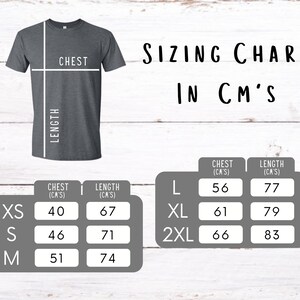 May include: Sizing chart for t-shirts in centimeters. The chart shows chest and length measurements for sizes XS, S, M, L, XL, and 2XL.
