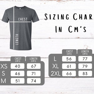 May include: Sizing chart for t-shirts in centimeters. The chart shows chest and length measurements for sizes XS, S, M, L, XL, and 2XL.