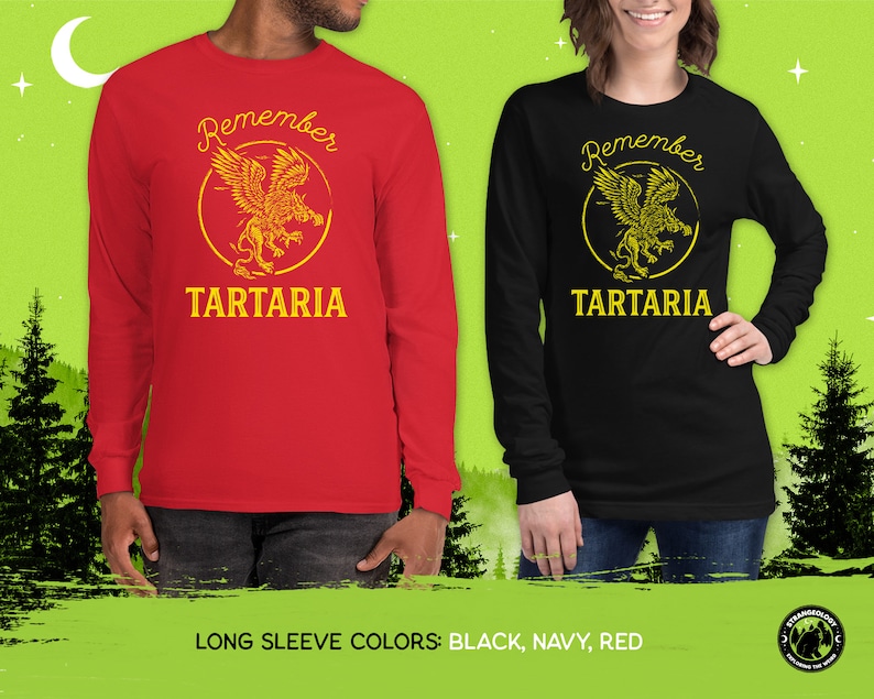 Peut inclure: Chemise &agrave; manches longues rouge, noire et bleu marine avec un motif dor&eacute; d'un griffon et le texte "Remember Tartaria".