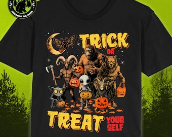 May include: A black t-shirt with a graphic of various spooky creatures holding trick-or-treat bags. The text "Trick or Treat Yourself" is printed on the shirt.
