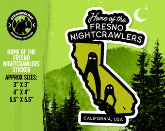 May include: A yellow and black sticker featuring an outline of the state of California with two ghost figures inside. The sticker says "Home of the Fresno Nightcrawlers" and "California, USA".