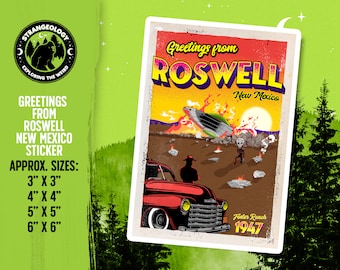 Greetings From Roswell New Mexico Die-Cut Sticker // Alien, UFO Crash, Extraterrestrial, Fortean Gift, Cryptids, UFOlogy, Flying Saucer