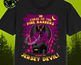 May include: A black t-shirt with a graphic design of a red and black Jersey Devil flying over a cabin in the woods. The text "The Curse of the Pine Barrens" and "Beware the Jersey Devil!" are printed in yellow on the shirt.