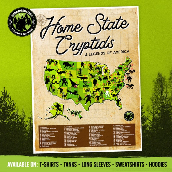 Home State Cryptids & Legends of America Map // Premium Matte Cryptid Poster, Cryptozoology, Weird, Strange, Fortean, Wall Art, Gift