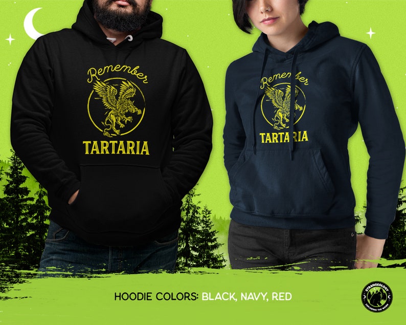 Peut inclure: Sweat-shirts noirs, bleus marine et rouges avec un graphique de griffon et le texte "Remember Tartaria".