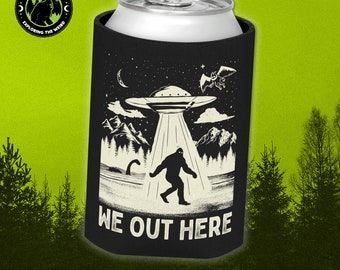 Cryptids We Out Here Bigfoot Mothman Nessie Alien UFO Abduction // Cute Cryptid Gift, Cryptozoology, Fortean Accessory, Drink Can Cooler