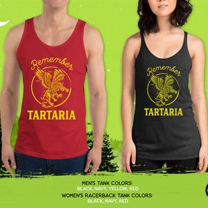 Peut inclure: Deux d&eacute;bardeurs, l'un rouge et l'autre noir, avec un motif de lion ail&eacute; dans un cercle et le texte "Remember Tartaria" en jaune.