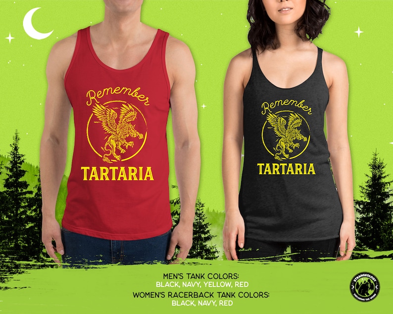 Peut inclure: Deux d&eacute;bardeurs, l'un rouge et l'autre noir, avec un motif de lion ail&eacute; dans un cercle et le texte "Remember Tartaria" en jaune.