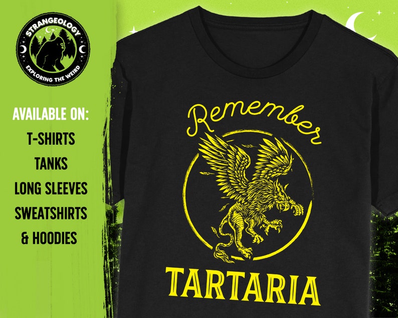 Peut inclure: T-shirt noir avec un graphique jaune d'une cr&eacute;ature mythique avec des ailes et le texte "Remember Tartaria".