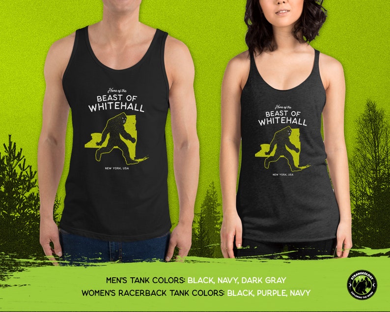 May include: Black tank top with a yellow graphic of a Bigfoot walking across a map of New York State. The text "Home of the Beast of Whitehall" is printed above the graphic. The text "New York, USA" is printed below the graphic.