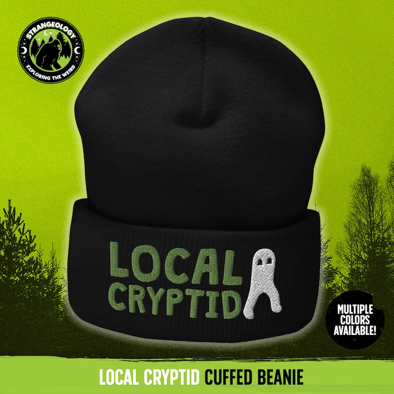 Local Cryptid Cuffed Beanie // Winter Hat, Embroidered Beanie, Cryptid, Cryptozoology, Fortean, Introvert Gift image 1