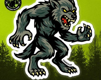 Pegatinas troqueladas, calcomanías de leyendas urbanas de folclore paranormal, críptidos, hombre lobo, perro, y monstruos de criptozoología forteana.