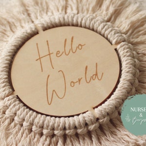 Macrame 'Hello World' Birth Announcement Wooden Plaque | Birth Arrival Sign