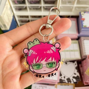 Cute Pink Psychic Boy Keychain with Frog Hat | Anime Acrylic Keychain | Anime Charm | 2&#39;&#39; Double Sided Keychain