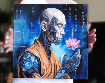 TIME - Dipinto originale del monaco buddista cyberpunk. Monaco robotico in stile orientale con fiore di loto e kanji di un antico rotolo buddista.