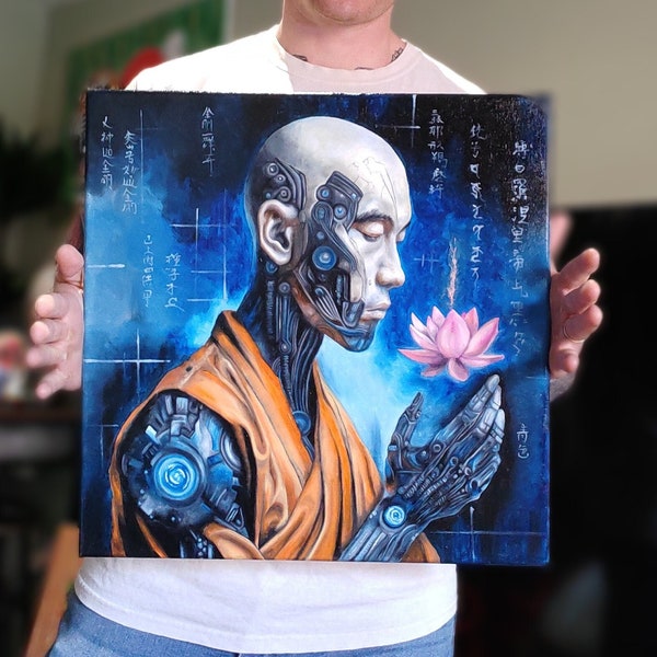 TIME - Cyberpunk Buddhist monk original painting. Oriental-style robotic monk with lotus flower and kanji from old Buddhist scroll.