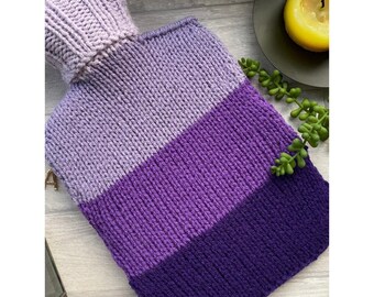 Parma Violet Sherbet - Purple Ombré Hot Water Bottle | Blue Stripe Hot Water Bottle Cover | Hand Knitted Aran Yarn Hot Water Bottle Cover