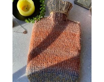 Dawn - Orange and Blue Stripe Hot Water Bottle Cover | Hand Knitted Hot Water Bottle Cover (With or Without Bottle) | Hot Water Bottle Cosy