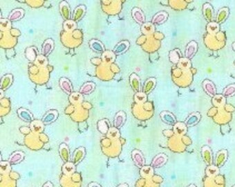 Chicks with Bunny Ears on Green Cotton Fabric - By the yard - Remnants - Fat Quarter - 100% Cotton - Easter