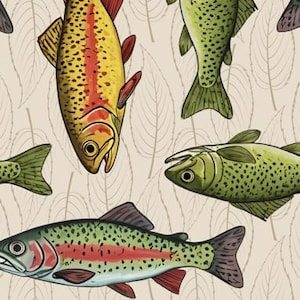 May include: A repeating pattern featuring various trout fish in shades of yellow, green, and red with dark spots. The fish are oriented in different directions against a light beige background decorated with a subtle, thin-lined leaf motif.