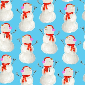 May include: A seamless pattern featuring a repeating design of snowmen with red scarves and pink earmuffs on a light blue background.