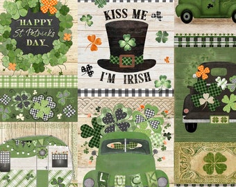 May include: A patchwork design featuring St. Patrick's Day themes. The design includes a wreath with the text "Happy St. Patrick's Day", a top hat with the text "Kiss Me I'm Irish", and green trucks with shamrocks. The color palette includes green, black, white, and orange.