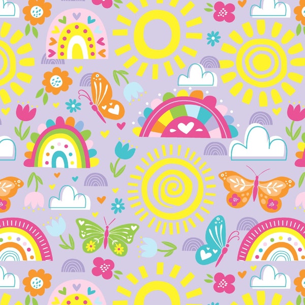 Chasing Rainbows Cotton fabric- Fat Quarters, by the 1/4 or 1/2 yard, continuous cuts- 100% Cotton - Butterflies Sun Rainbows