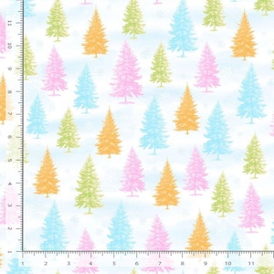 May include: A fabric pattern featuring colorful fir trees in shades of orange, green, pink, and blue, set against a light blue and white background with snowflakes. The trees are evenly spaced, creating a repeating design.