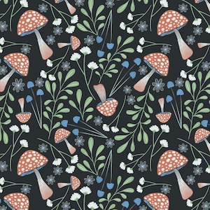 May include: A seamless pattern featuring red and white mushrooms with white spots, green leaves, and blue flowers on a black background.