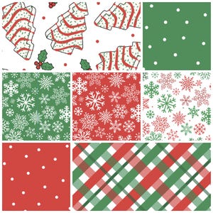 May include: A collection of eight square patterns featuring holiday themes. Designs include Christmas tree cookies with red icing, green with white polka dots, red with white polka dots, red and green plaid, and various white, red, and green snowflakes.