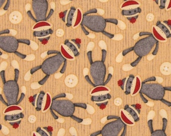 Sock Monkey Calico Cotton Fabric- 1/4 yard, 1/2 yard- Fat Quarters - 100% Cotton - Continuous Cuts