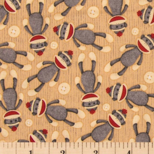 Sock Monkey Calico Cotton Fabric- 1/4 yard, 1/2 yard- Fat Quarters - 100% Cotton - Continuous Cuts