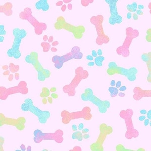 May include: A seamless pattern featuring pastel-colored dog bones and paw prints on a light pink background.