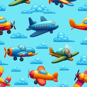 May include: A seamless pattern featuring colorful cartoon airplanes flying in a blue sky with white clouds. The airplanes are in various colors and designs, including red, blue, green, yellow, and orange.