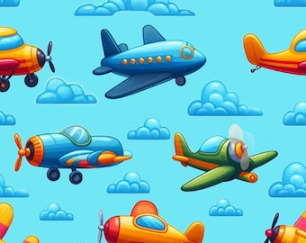 Blue Airplane Fabric - 100% Cotton - Sky - Plane - Flight - Boy - Clouds -Continuous Cuts Planes, Trains, Trucks
