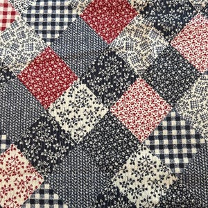 Vintage Patchwork Red white and Blue  Print cotton fabric  - Fat Quarter - 100% Cotton - by the 1/2 yard- continuous cuts