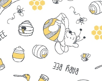May include: A white background with a repeating pattern of a cartoon bear, bees, honeycombs, and honey pots. The bear is yellow and black, and the bees are black and yellow. The words "BABY BEE" are also present.