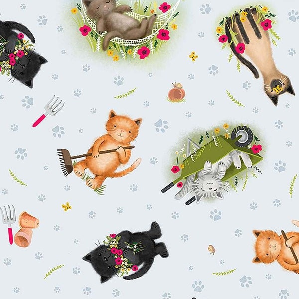 Pretty Cats in the garden Sky Cotton Fabric - 100% Cotton- Continuous Cuts - by the 1/4 or 1/2 yard - Fat Quarters Timeless Treasures CD1586