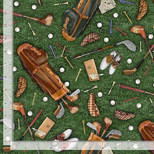 May include: A pattern featuring golf equipment scattered on a green background. Golf clubs, golf bags, golf balls, tees, and golf shoes are visible. The color palette includes shades of brown, green, white, and red. The design evokes a classic, vintage aesthetic.