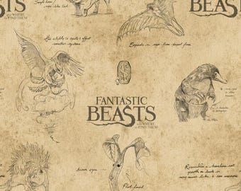 Fantastic Beasts™ Logo & Creatures Tan Cotton Fabric - Camelot Cotton fabric- 100% Cotton - Licensed Fabric