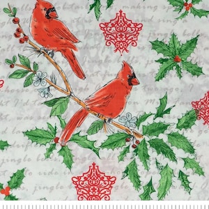 Cardinals on Christmas Text Cotton Fabric -  Fat Quarters - By the 1/4 or 1/2 Yard- 100% Cotton - Fabric- continuous cuts