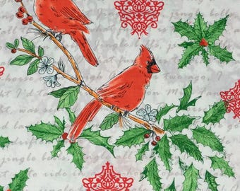 Cardinals on Christmas Text Cotton Fabric -100% Cotton - Fabric- continuous cuts