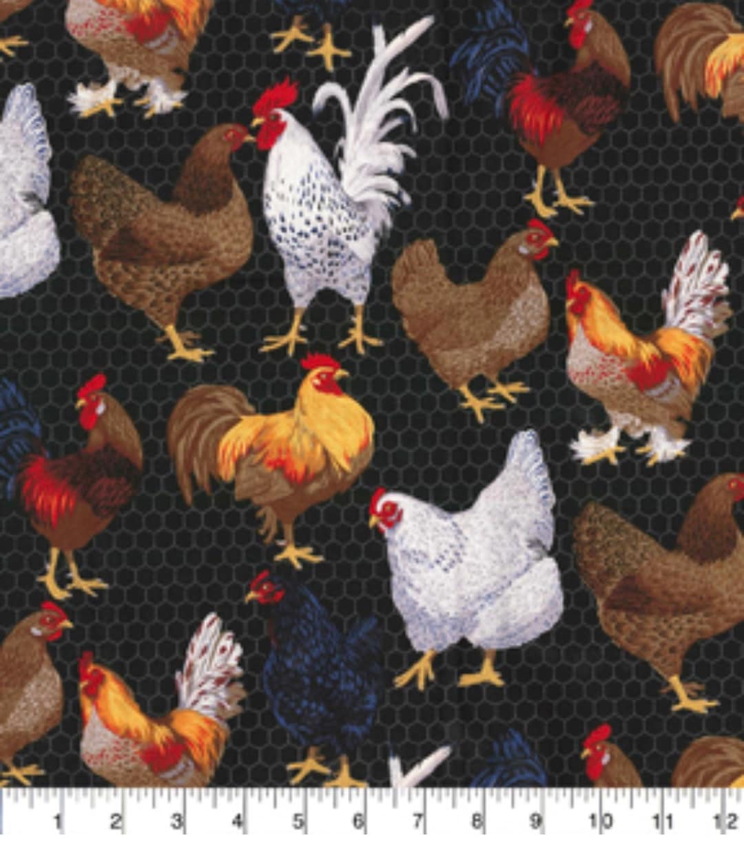 Black and White Roosters and Chickens on Black Cotton Fabric 100 Cotton by the Yard Fat