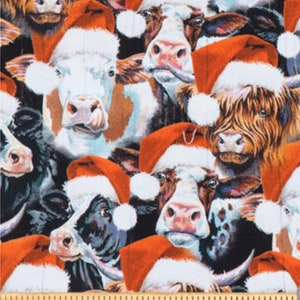 Christmas Cows Farm Animals  Fabric -  Fat Quarters - By the 1/4 or 1/2 Yard- 100% Cotton - Fabric- continuous cuts